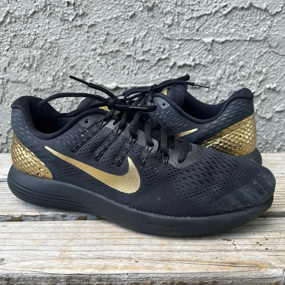 Nike Shoes Men Size 12 Lunarglide 8 LE 878706-007 Black Gold Running Sneakers